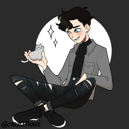 picrew avatar of boy with black and mint green hair with black sitting cross legged holding a small cat.